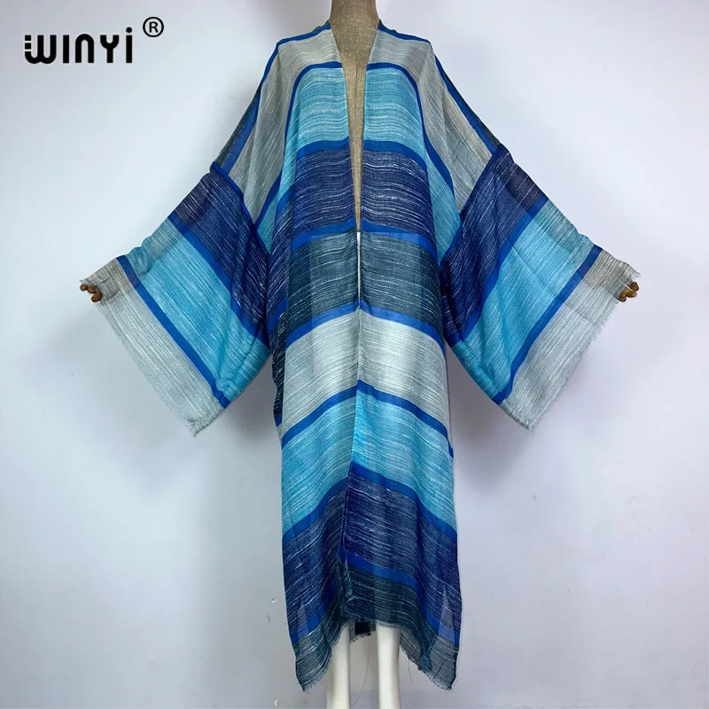 WINYI kimono Africa boho nadruk w paski plażowe stroje kąpielowe 2023 elegancki kardigan seksowna wakacyjna sukienka na plażę maxi strój kąpielowy