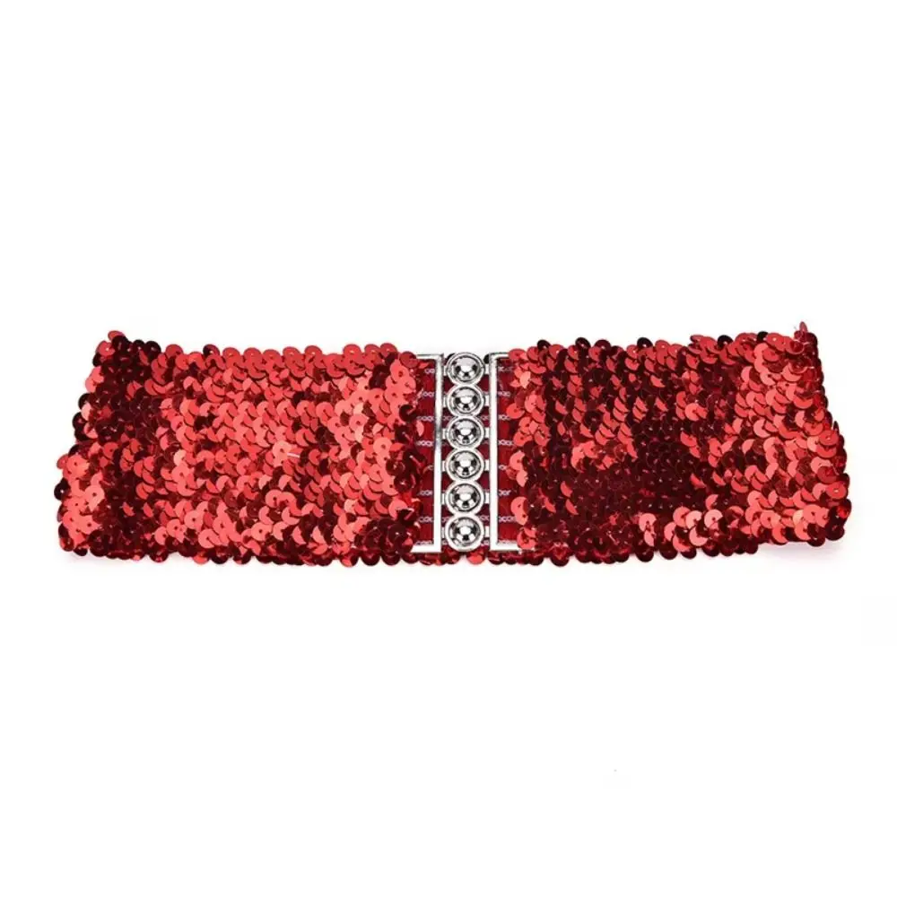 Sparkling Sequined Wide Corset Belt Wide Elastic Metal Buckle Sequin Elastic Cummerbunds Decorative Stretch view 5