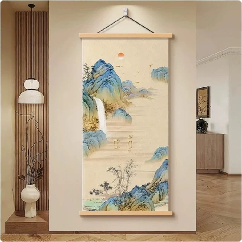Wall Art Blue Green Mountains and White Clouds Chinoiserie Pearlescent Canvas Hanging Scroll with Wooden Rods for Entryway