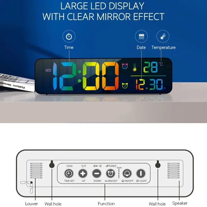 LED Digital Alarm Clock Snooze Temperature Date Display USB Desktop Strip Mirror LED Clocks for Living Room Decoration