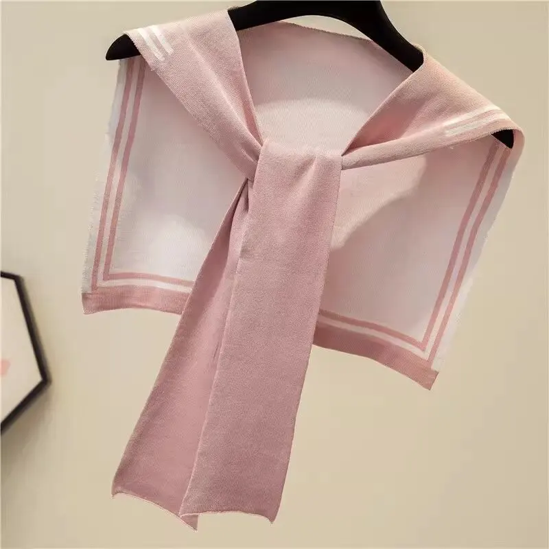 Korean College Navy Stripe Wool Knit Shoulder Cape Knotted Warm Overlapping Shawl Women Summer Neck Scarf