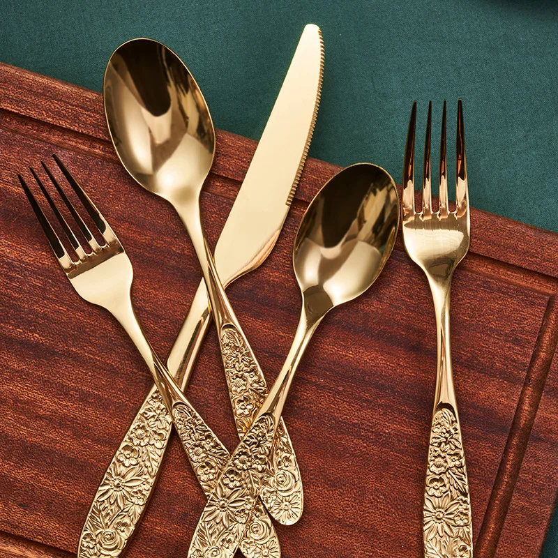 1/3Pieces Gold Cutlery Set Stainless Steel Vintage Western Dinnerware Luxury Tableware Engraving Forks Knive Spoons Sliverware