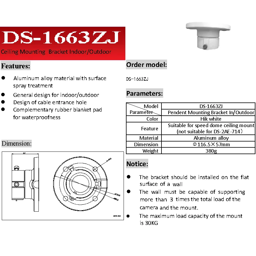 HIK Original DS-1663ZJ Aluminum Alloy Indoor Outdoor In-ceiling mount Pendent Ceiling Mount Bracket for Speed Dome Camera