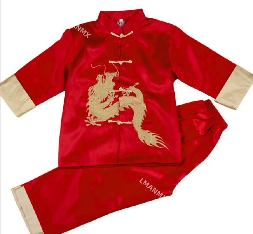 Wholesale New Chinese Style Children Satin Tang Suit Kids Embroidery Dragon Kung Fu Tang Costume New Year Party Birthday Clothes