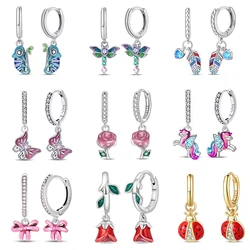 100% 925 Sterling Silver Colorful Butterfly Ladybug Rose Bow Pendant Earrings For Women Fashion Anniversary Party Jewelry Gifts