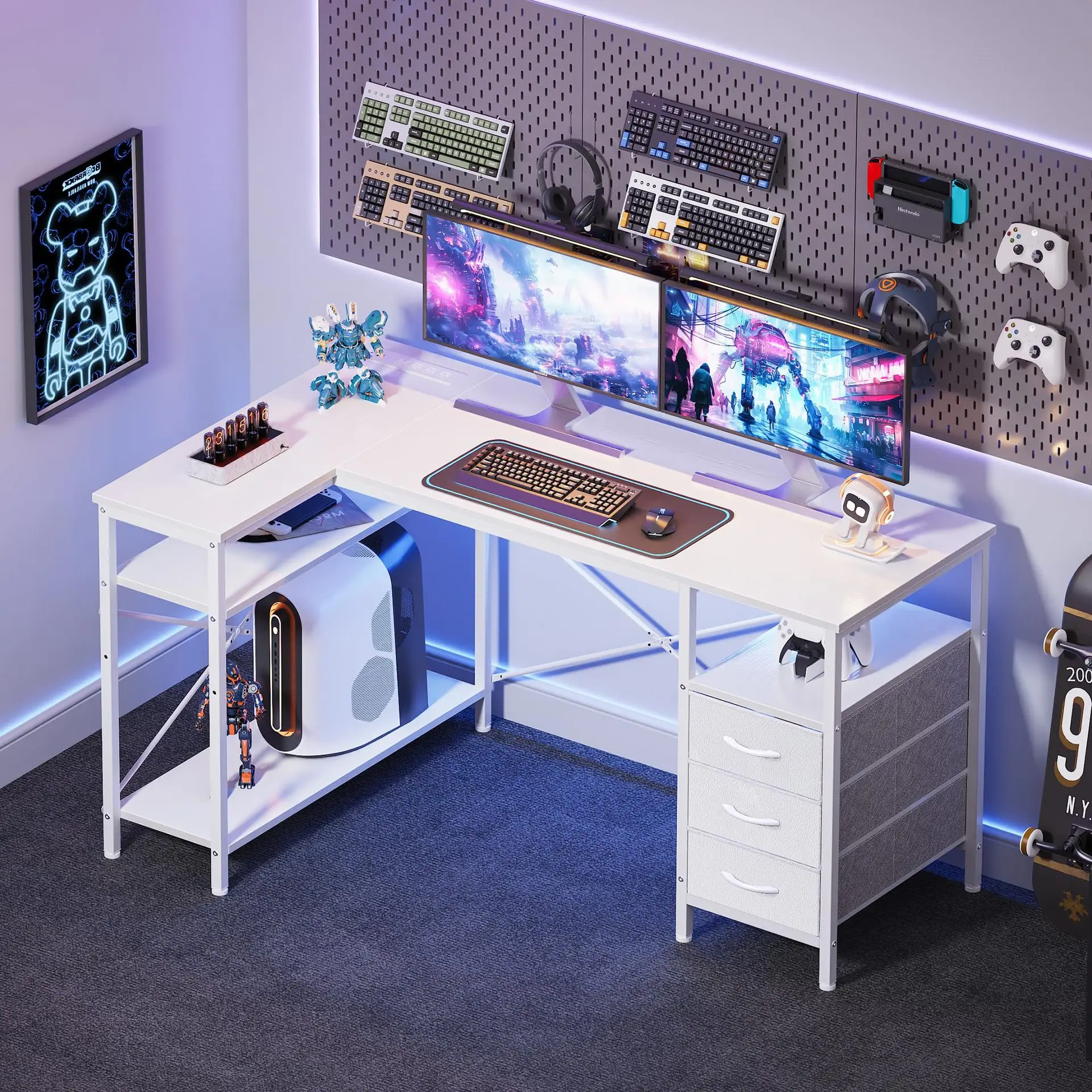 L-shaped Wood Computer Desk with Socket and 3 Drawers Corner Game Table for Home Office