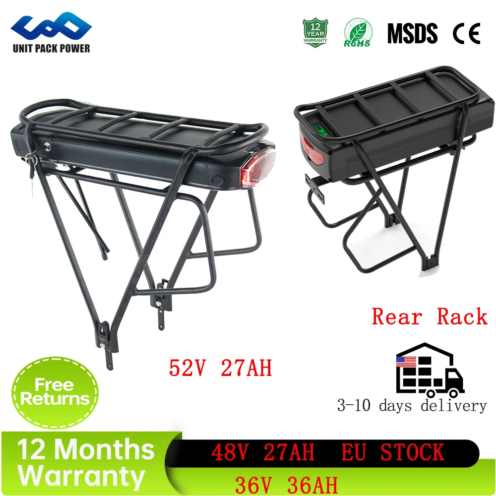 48V 27AH Portapacchi posteriore 36V 19.2AH 15Ah 17.5Ah Batteria al litio potente per bicicletta elettrica per 1500W 1000W 750W 500W 350W