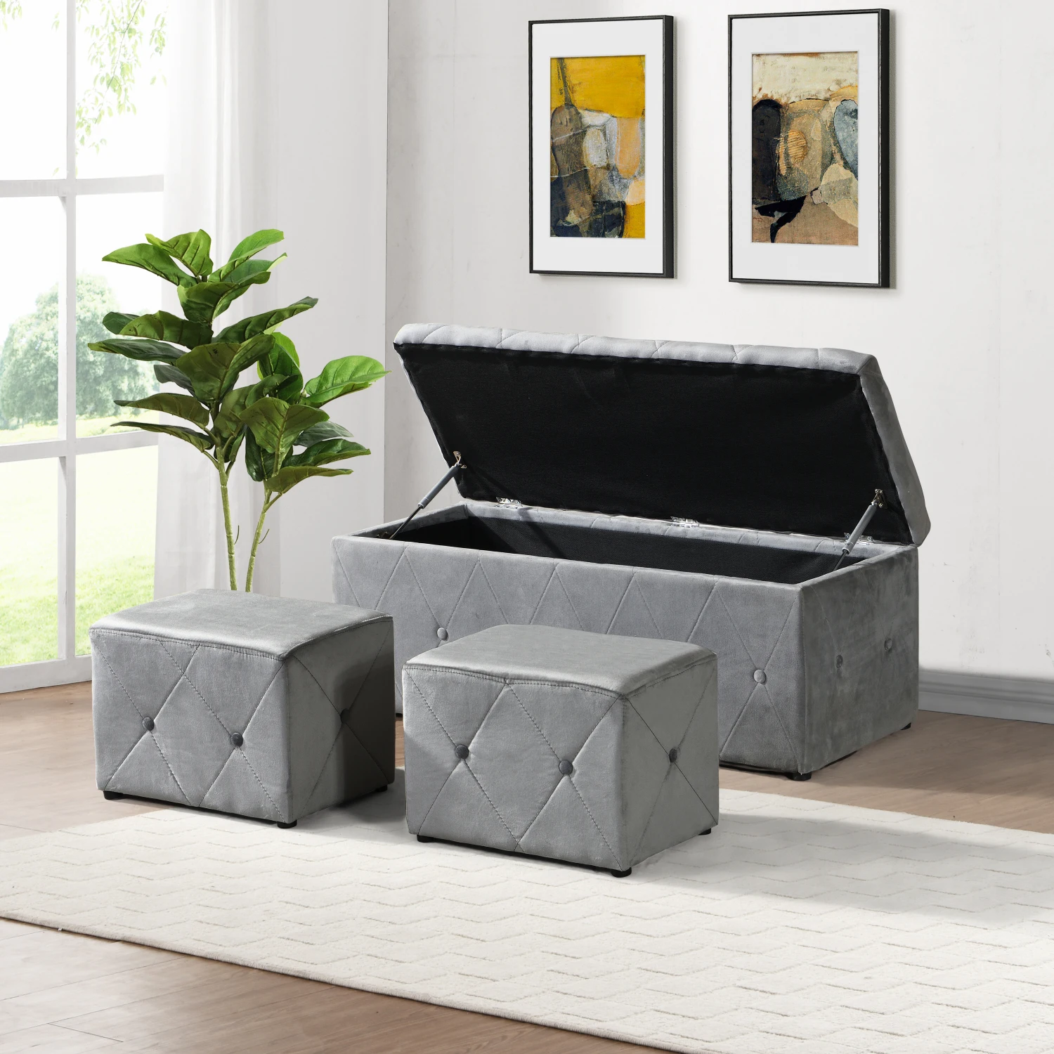 1 Piece Rectangular Storage Ottoman Short velvet with 2 Set Ottomans (Light Gray)