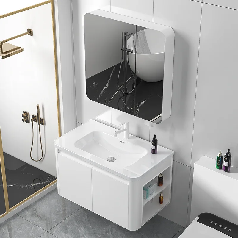 Cream-style Honeycomb Aluminum Bathroom Cabinet With Side Cabinet Storage, Bathroom Curved Integrated Ceramic Washbasin Cabinet