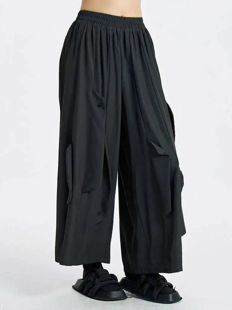 High Elastic Waist Dark Gray Button Spliced Long Wide Leg Pants New Trousers Women Fashion Tide Spring Autumn