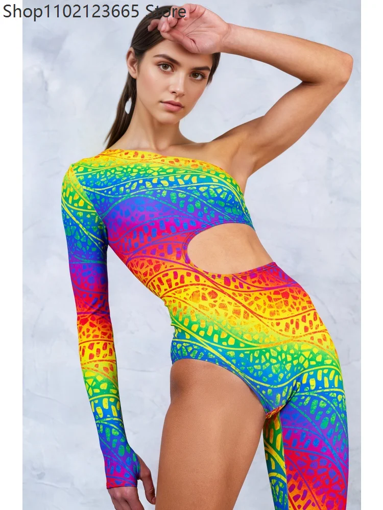 Holiday Art Jumpsuit Halloween Cosplay Women's Rainbow Carnival Bodysuit Leggings Carnival Party Masquerade Ball One-arm Tight view 6