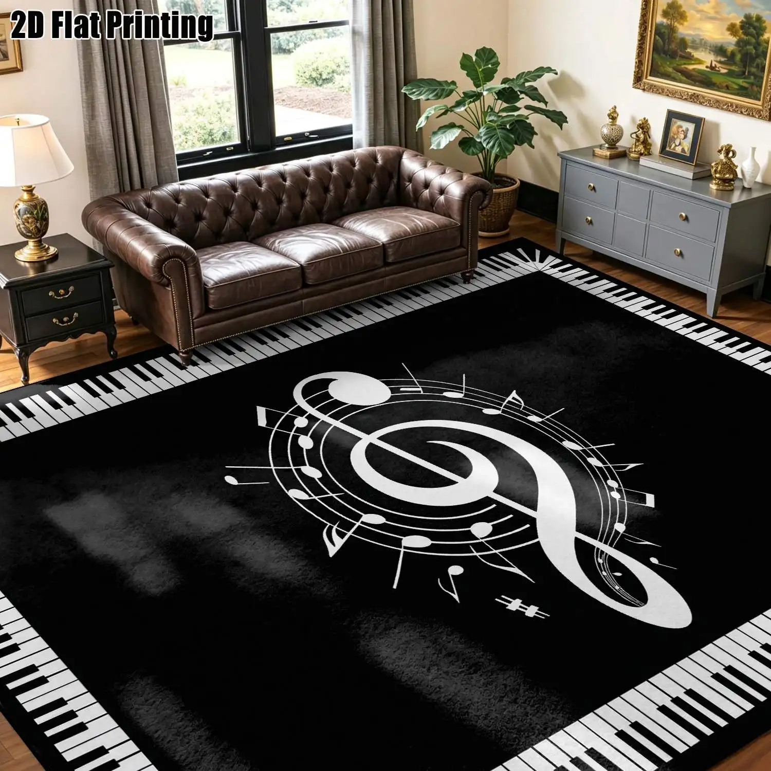 1Pc 2D Printed Carpet with Black and White Piano Note Patterns Nordic/Modern Minimalist/European Geometric Striped Carpet for Home Decor, Available in Multiple Sizes, Machine Washable, Suitable for Entryway/Dining Room/Foyer/Study/Living Room/Bedroom.