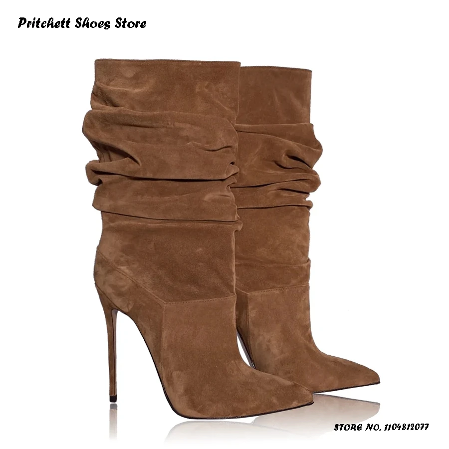 

Women's Pleated Suede Mid-calf Boots Spring Autumn Pull On Elegant Office Dress Shoes Solid Pointed Toe Thin Heels Booties