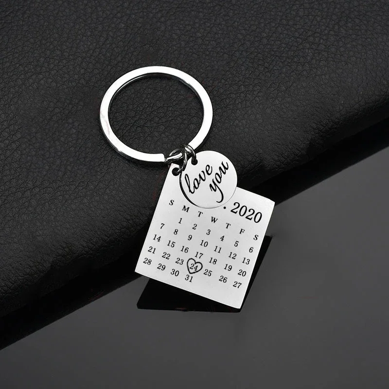 Stainless Steel Personalized Calendar Birthday Date Keychain Custom Family Couple Photo Keyrings For Women Men Gift