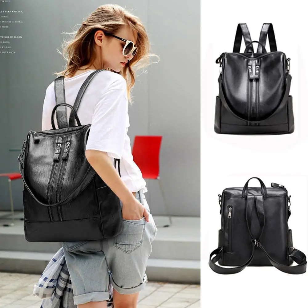 School Leather Black Casual Multifunctional Bag Women Soft Backpack College Bag Large Capacity Shoulder Bags Tote Backpack