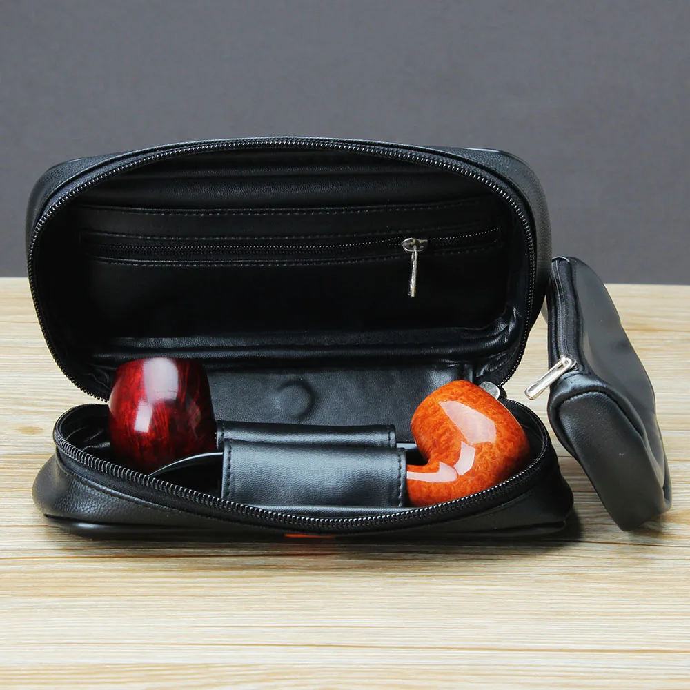 PU leather tobacco pipe bag, portable anti-odor bag, can hold two pipes, tobacco, pipe accessories, built-in small tobacco bag