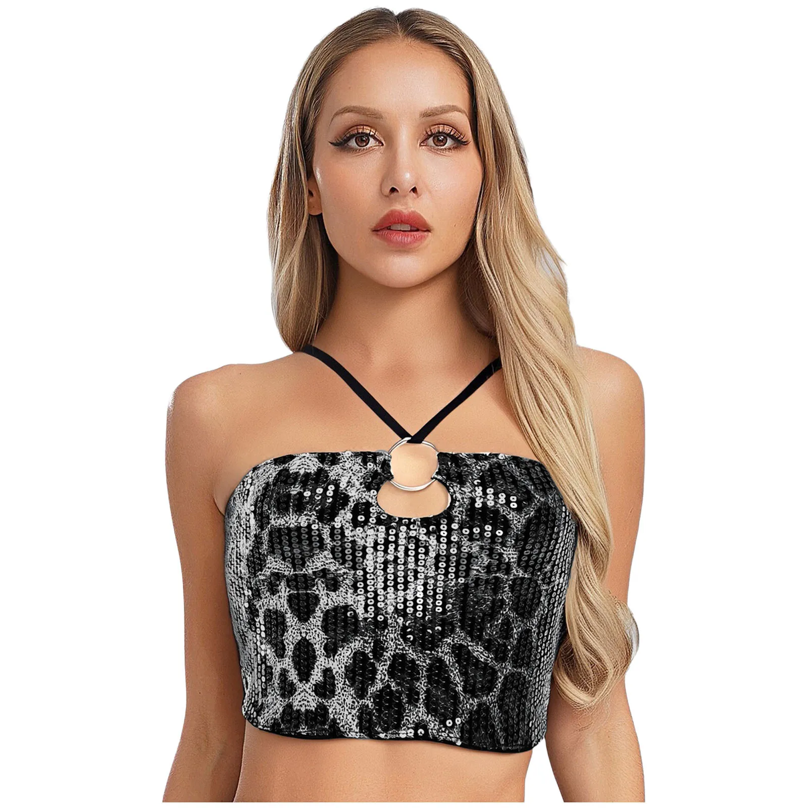 

Womens Leopard Print with Sequin Crop Tops Lace-up Halter O-ring Hollow Out Crop Vest Tank Tops Fashion Top for Nightclub Party