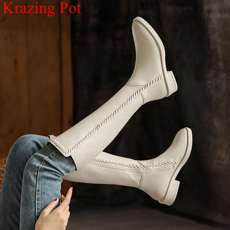 Krazing Pot 2025 Cow Leather Riding Long Boots Thick Heel Sewing Brand Keep Warm Preppy Style Classics Concise Knee-high Boots