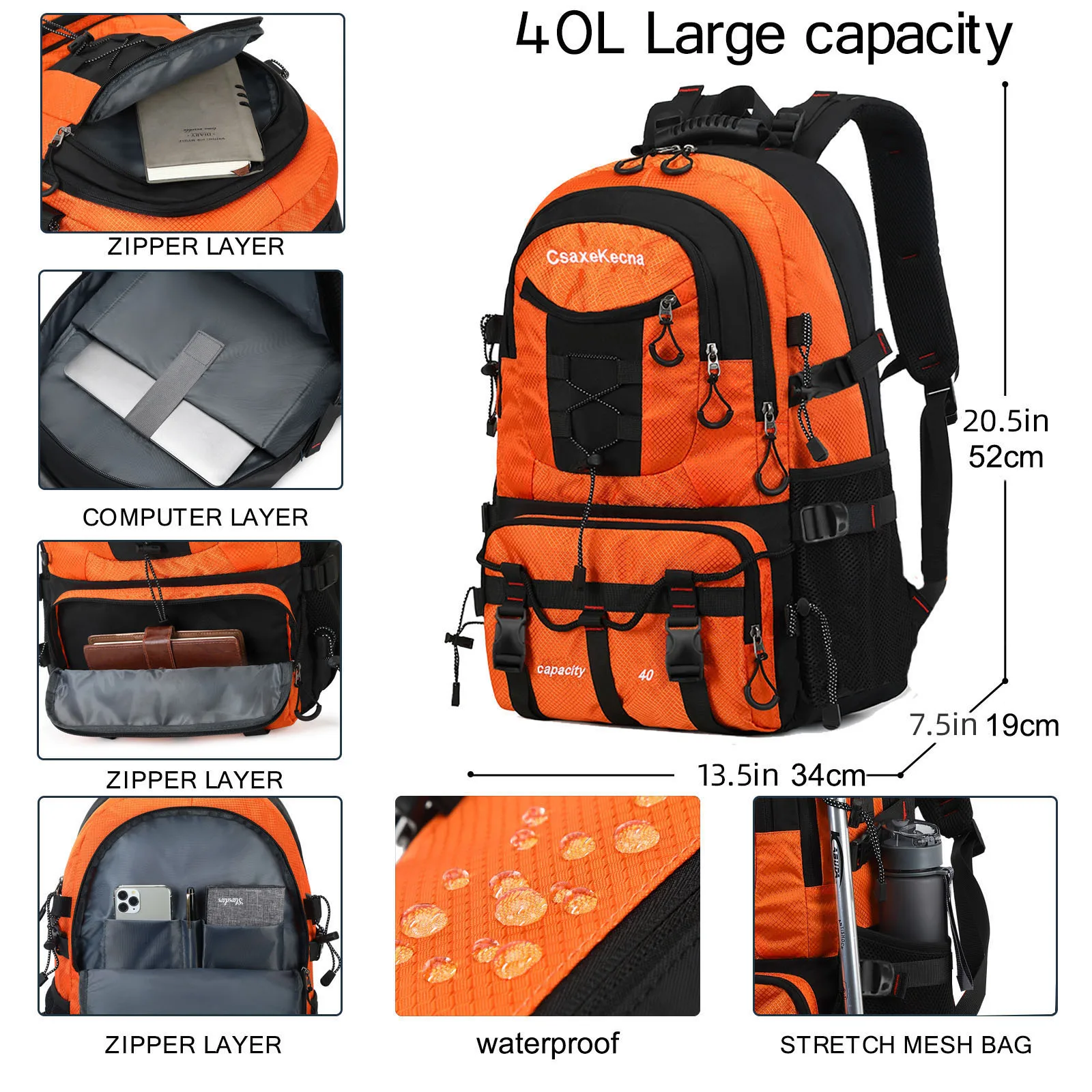 Large capacity multi compartment waterproof travel bag for women, with USB hiking backpack, suitable for camping