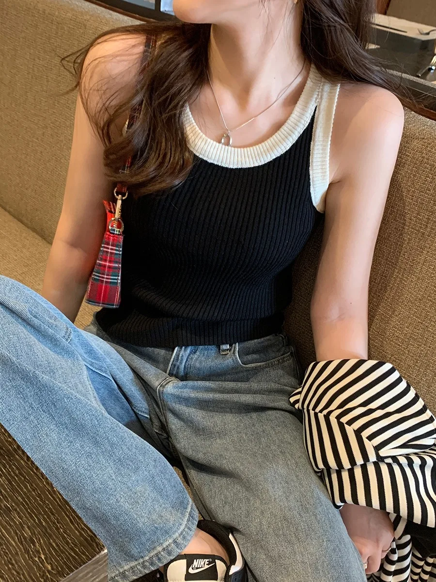 Women's Knitted Sleeveless Vest Top Strap Design Summer Outerwear Slimming Base Layer Shirt Casual Versatile Short Style