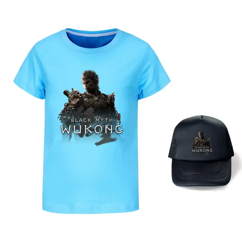 111 www Game Black Myth Wukong طباعة زي أطفال بنين وبنات على مهل تي شيرت + قبعة موضة عيد ميلاد مهرجان هدية لـ Ch #6