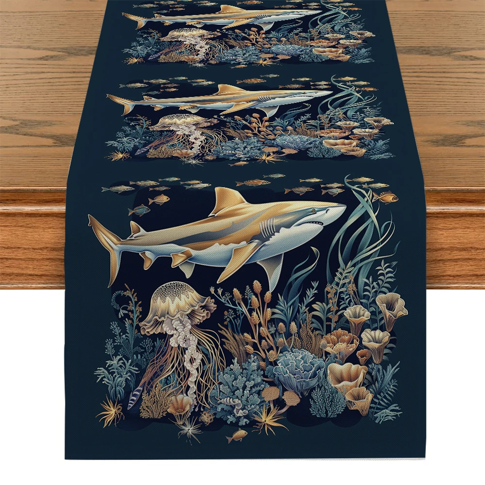 Marine Animals Shark Jellyfish Seaweed Table Runners Washable Dresser Dining Coffee Table Runner Wedding Holiday Party Decor