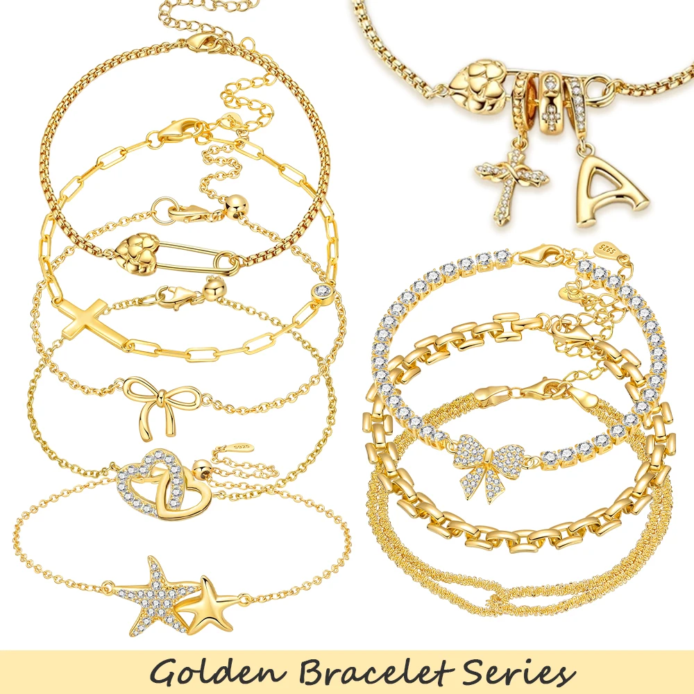 Pulsera de Cadena con Broche de Corazón Dorado Chapado en Plata 925 Original para Mujer, 17-20CM, Compatible con Dijes DIY, Regalo de Joyería