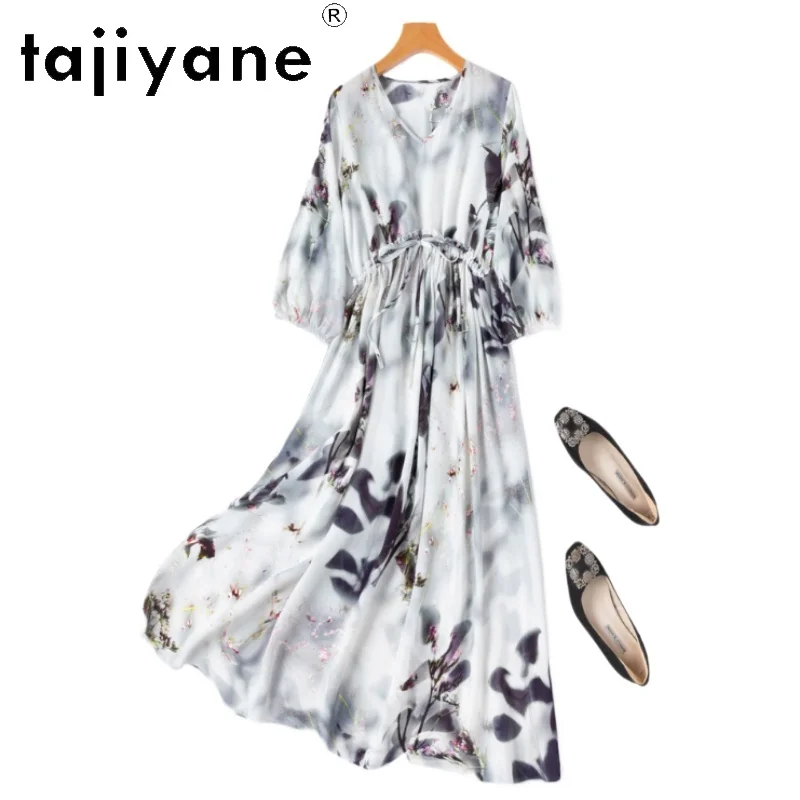 

TAJIYANE 100% Mulberry Silk Dress Woman Summer 2025 Elegant V-neck Long Dresses Vacation Printed Frocks Ladies Clothes платье