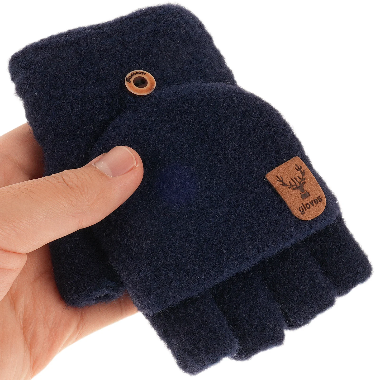 

1Pair Warm Half Finger Gloves Navy Blue Convertible Knitted Mittens For Men Women Touch Screen Thermal Outdoor Sports Riding