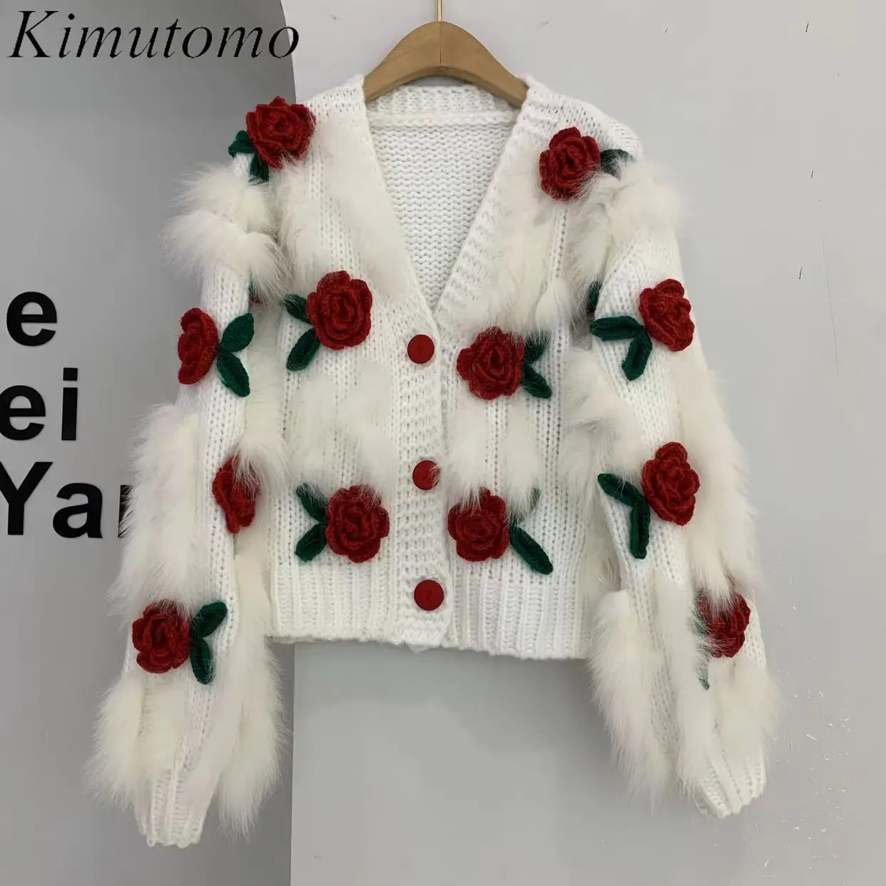 Onalippa Three Dimensional Rose Flower Knitted Cardigan Contrast Gentle Wind Furry Cropped Cardigans Korean Kawaii Sweater Women