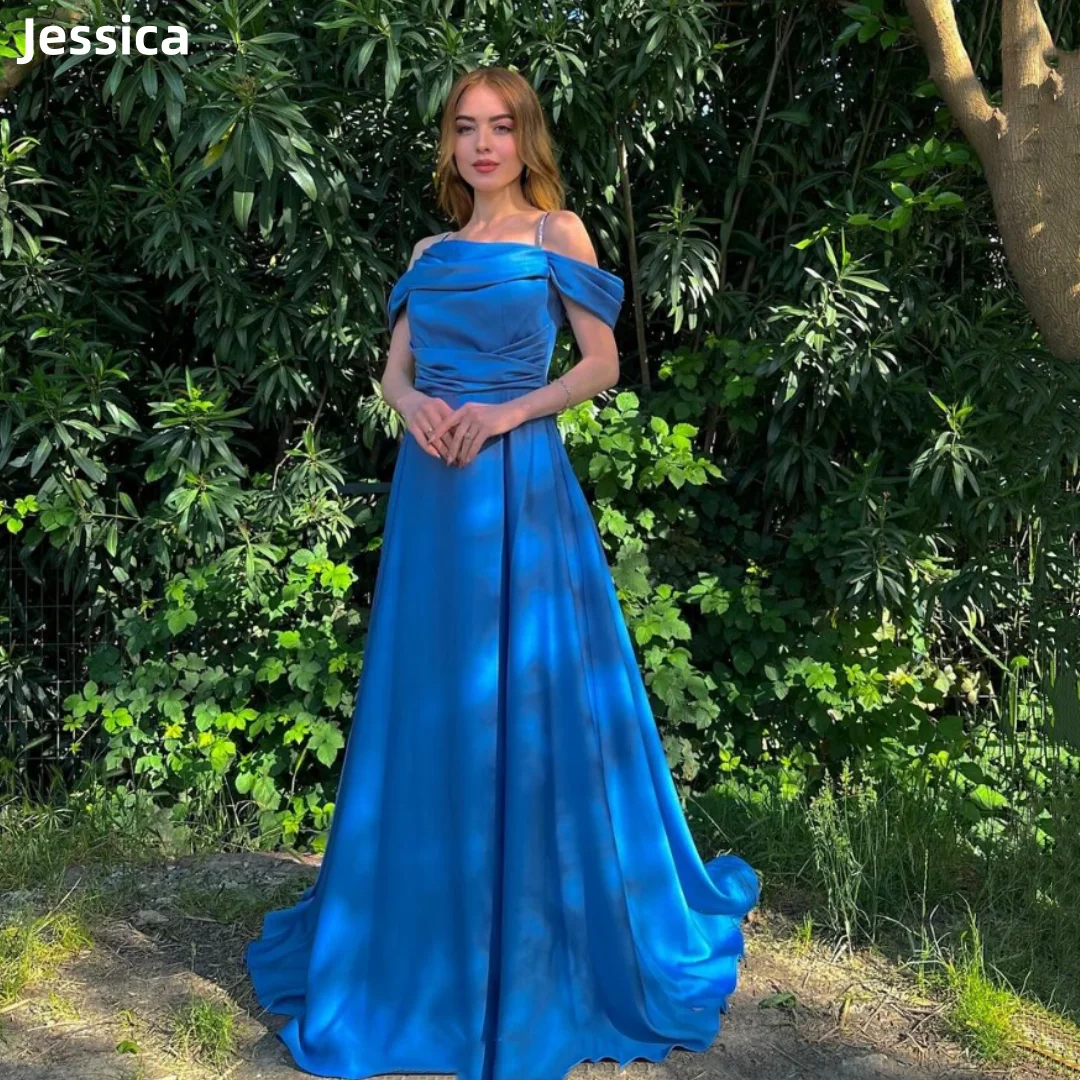 Jessica Blue Spaghetti Straps abiti da ballo a-line abiti da sera in raso elegante abito da festa principessa abiti per occasioni speciali