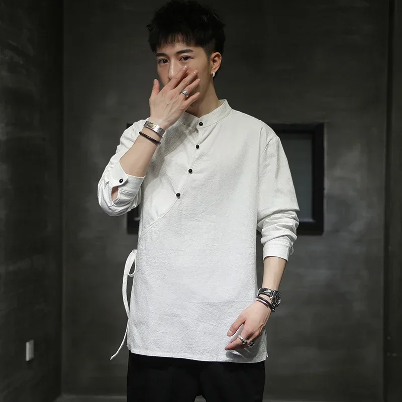 Mens Chinese Style Hemp Shirt Cotton Linen Tang Suit Hanfu Retro Stand-Up Collar Zen Clothes Harajuku tops Clothes Men Clothing