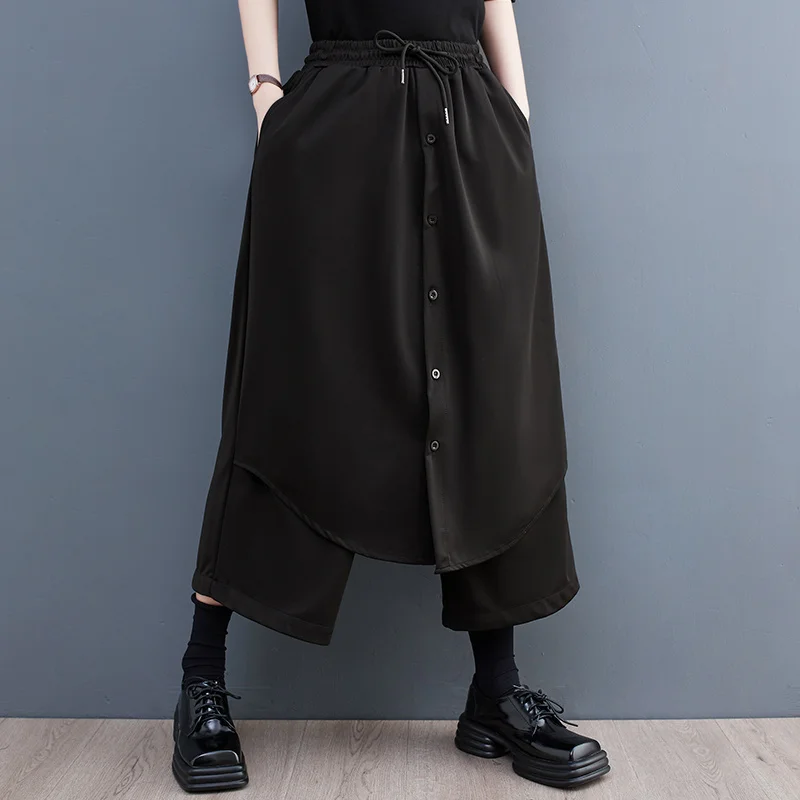 New Style Of Women's Pants False Two Piece Wide Leg Women Elastic Waisted Buttons Asymmetrical Straight Pants Female Loose Stree