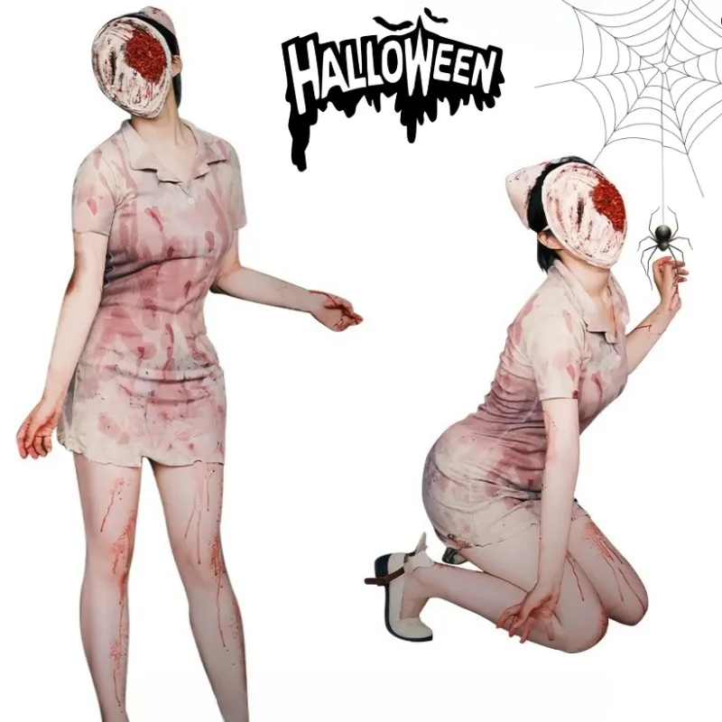

Movie Nurse Cosplay Doctor Costume Bloodstained Unshaven Nurses Dress Hat Mask Full Set Vampire Ghost Cos for Women Halloween