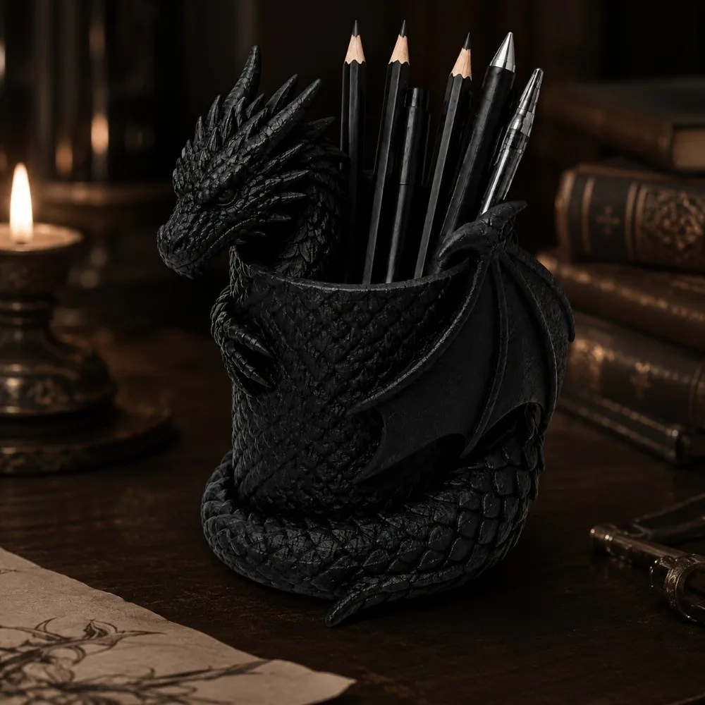 3D Printed Dragon Pen Holder Statue Realistic Gothic Black Makeup Brush Box Plastic Dark Style Stationery Holder School Desk