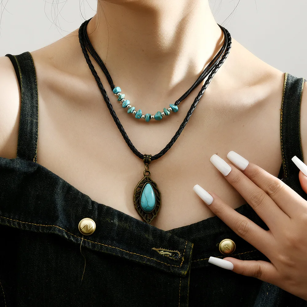 Minimalism Bohemian National style Punk  Personality  2-piece set Turquoise Leaves Beads Leather Stainless steel  Collar chain