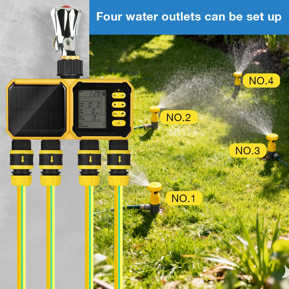 LCD Display Solar 4 Outlets Irrigation Automatic Watering Controller Watering Device