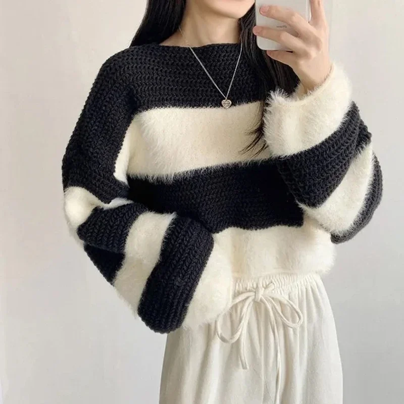 

Striped Knit Sweater Women Pullovers Cozy Loose Long Sleeve Crop Knit Jumper Soft Knitwear Teen-girl Fall Winter Y2K Outfit