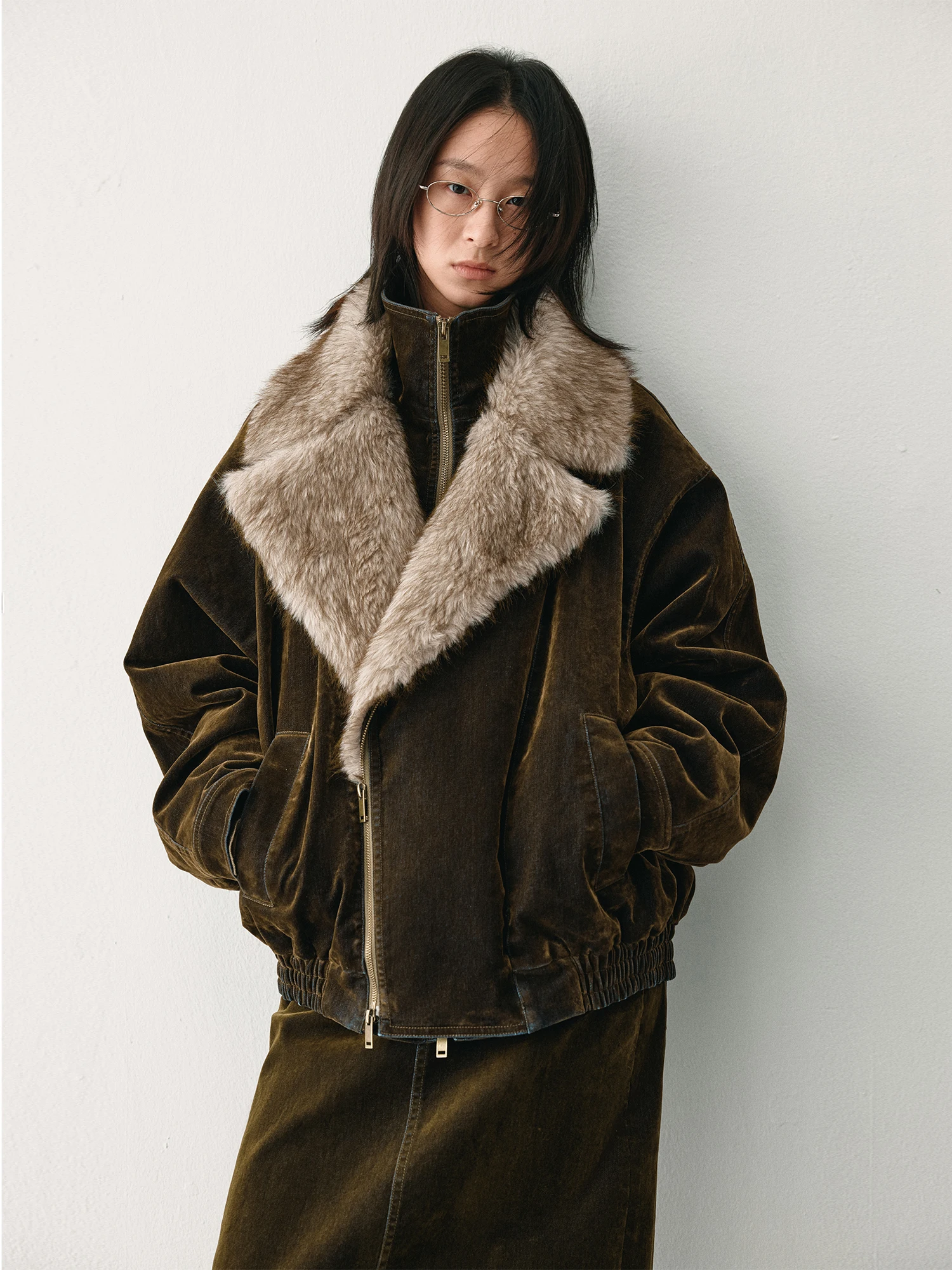 

HaveRice Restaurant Wild Pastoral Detachable Fur Collar Denim Cotton Warmth Outerwear Cotton Clothes Vintage Loose Fit Long S...