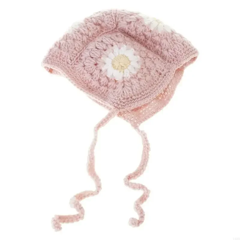 かぎ針編みの帽子 女の子用 レース付き ベビーボンネット 柔らかくて暖かい 幼児用ビーニー