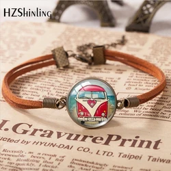 2023 New Hippie Peace Car Pattern Leather Bracelet Art Accessories Glass Cabochon Fashion Jewelry Gift