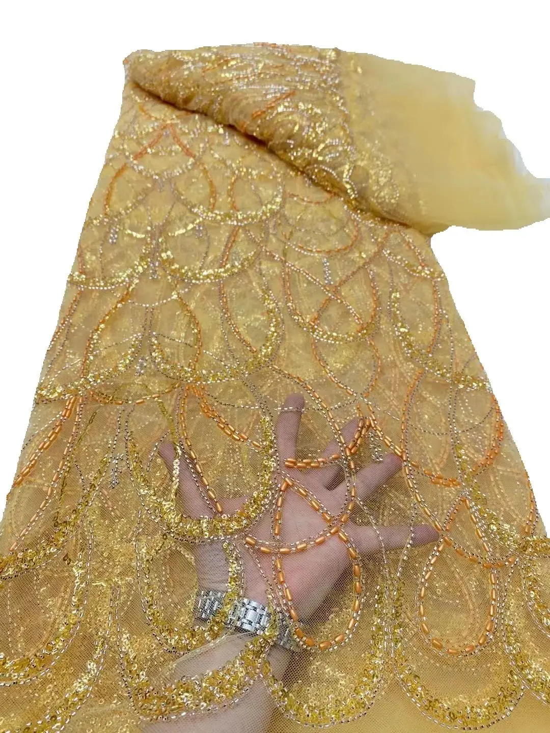 

Luxury African Mesh Lace Sequin Fabric,Fabrics By The Meter,For Sewing,Beaded,White,Tulle,Wedding Dresses,Embroidery,5 Yards