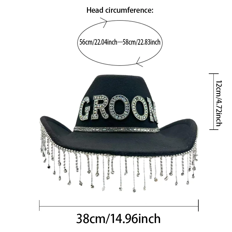 HongLuan Schwarzer Hochzeits-Bräutigam-Kostümhut für Erwachsene, Cowboy-Hüte mit Strasssteinen für Herren, Cowboy-Cosplay-Accessoires und Cowgirl-Kappe