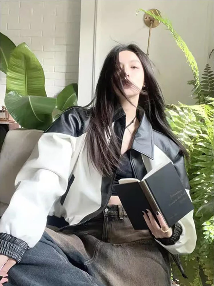 ريترو بلا اللون الأبيض بلو الجلود Jaet المرأة البيسبول Sle ملابس خارجية الخريف فضفاضة تناسب Faionable سستة إغلاق