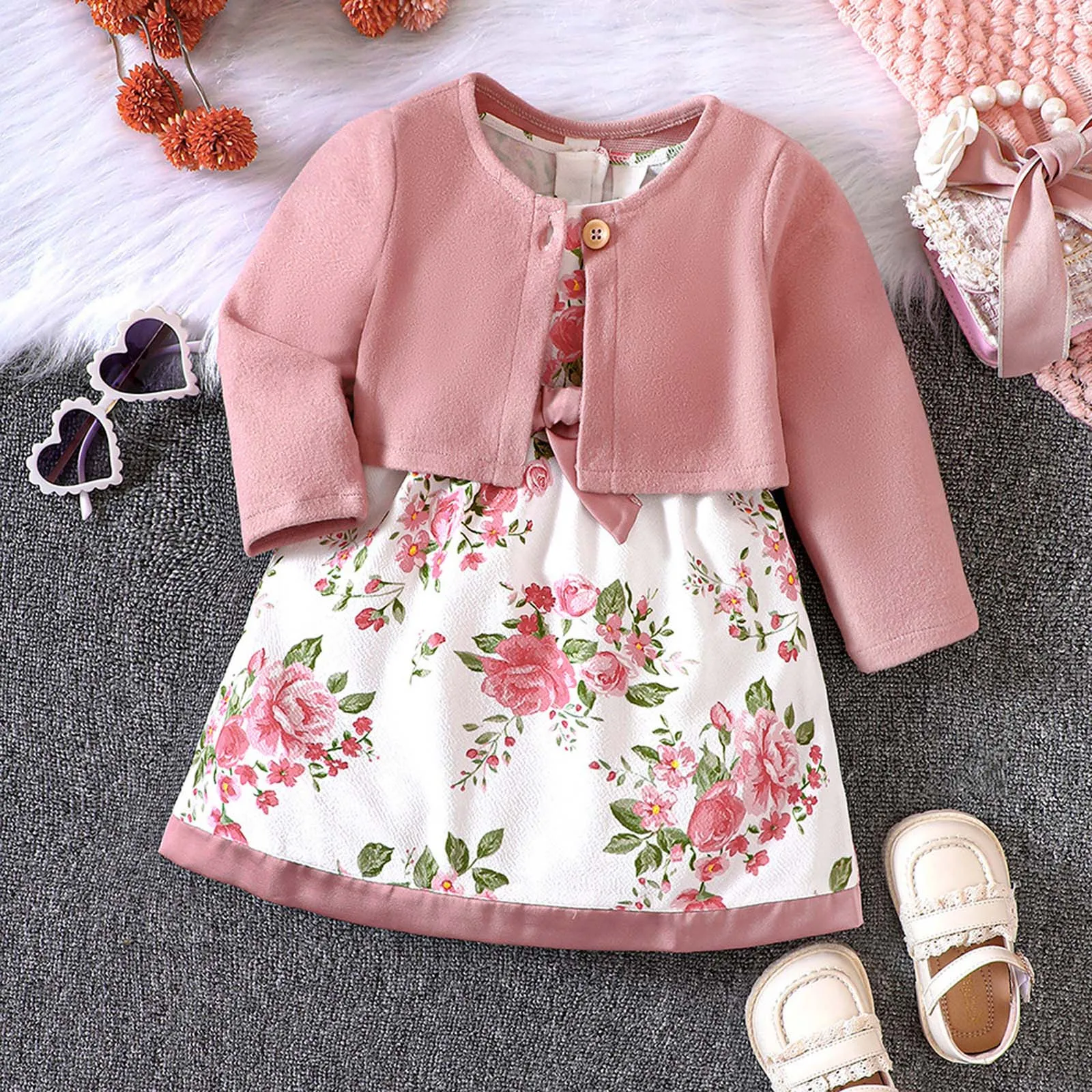 1 2 3 Years Toddler Baby Girl 2PCS Dress Set Plain Color Ribbed Overcoat+Floral Sleeveless Dress Fashion Lovely Style Party Wear