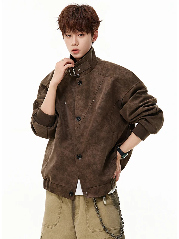 

Casual Loose Men's PU Leather Jaet Stand Collar Splicing Deconstructed Spring American Vibe Outerwear Youth Faion