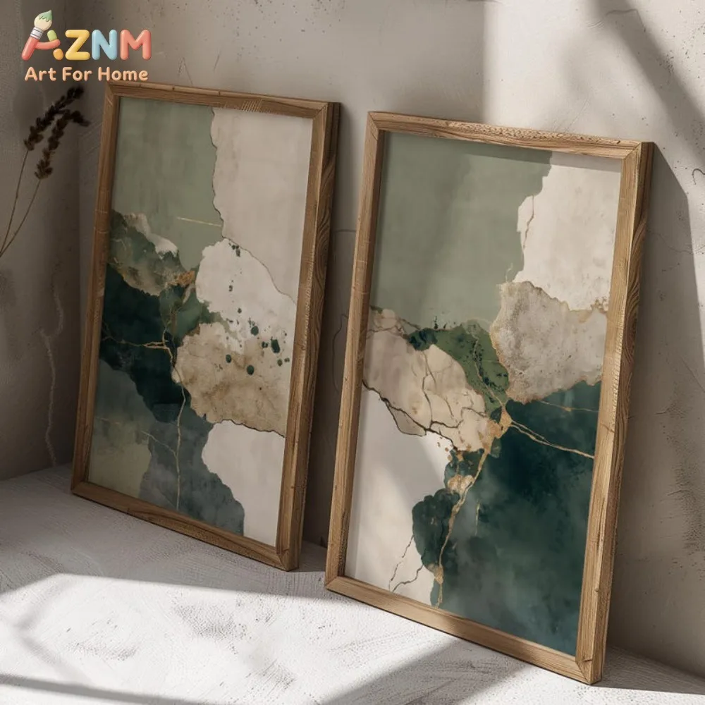 AZNM Sage Green Beige Gold Abstract Canvas Print Unframed Modern Watercolor Wall Art Luxe Japandi Living Room Bedroom Home Decor