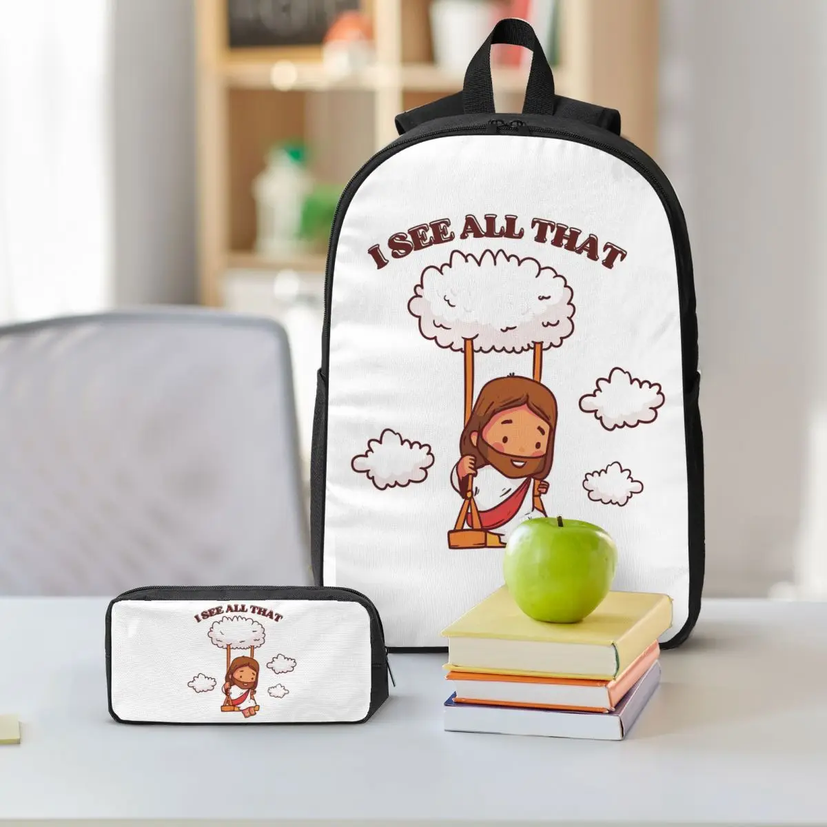 I See All That Cute Jesus On A Cloud Swing Backpack BookBag School Bag Shoulder Bags 3ps Insulated Lunch Bag Pencil Case