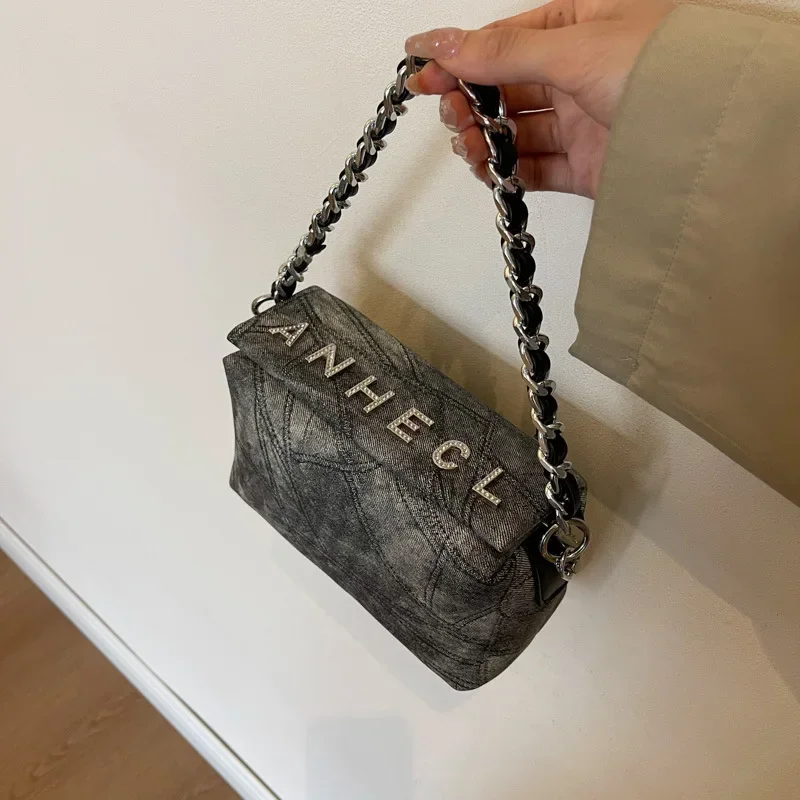 

Women's Vintage Denim Shoulder Bag with Chain & Letter Embroidery | Niche Design Light Luxury Crossbody Bag for College Students