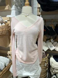 New Pink Knitted Long Sleeve T-shirt Women Spring V-neck Solid Pullover Tees Vintage Sweet Preppy Style Slim Tshirts Y2k Tops